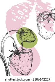 Strawberry Abstract Hand Painted Illustrations for Wall Decoration, Postcard, Social Media Banner, Brochure Cover Design Background. Modern Abstract Painting Artwork. Vector Pattern