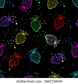 Strawberry. Abstract seamless pattern with multicolored contour strawberries and spray on black background.