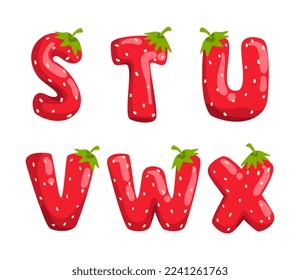 Strawberry Alphabet with English Letter from Ripe Red Juicy Berry Vector Set