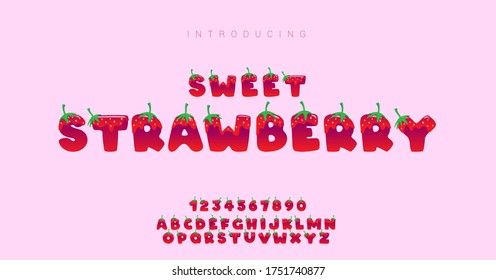 strawberry alphabet. Typography comic  designs concept. cartoon alphabet with melted strawberry font style. Vector illustration.	