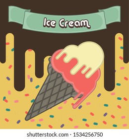 Strawberry ans vanilla ice cream cone. Vintage poster - Vector illustration