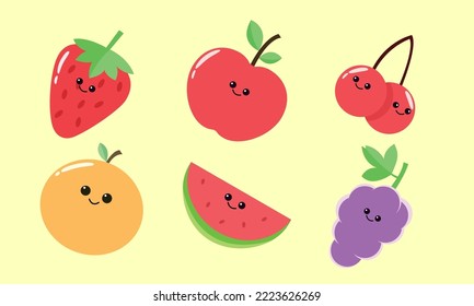 strawberry, apple, cherry, orange, watermelon, grape fruit illustration with smilling in cartoon style