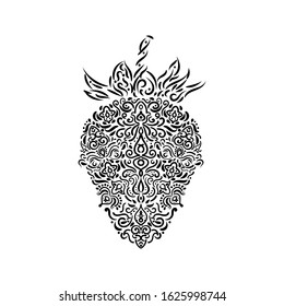 A strawberry in arabic ornament style in black color isolated on white background. Trendy and beautiful. Floral elements. Can be used as a logo of a bakery or a pastry shop. Vector illustration.