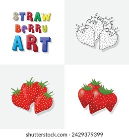 Strawberry art sketch, colouring page, flat and realistic strawberry fruit illustration for kids