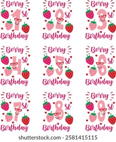 Strawberry. Baby 1-9 Years Old  birthday. Fresh summer berry. Vector template for typography poster, banner, sticker, party invitation, shirt, etc.