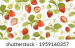 Strawberry Background with flowers, wild berries, leaves. Vector seamless texture illustration for summer cover, botanical wallpaper pattern, vintage party backdrop, wedding invitation