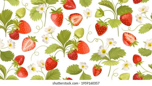 Strawberry Background with flowers, wild berries, leaves. Vector seamless texture illustration for summer cover, botanical wallpaper pattern, vintage party backdrop, wedding invitation