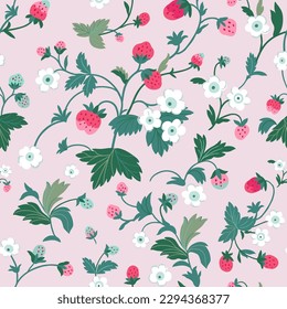 Strawberry background with flowers, wild berries, leaves. Vector seamless texture illustration for summer cover, botanical wallpaper pattern, pink background.