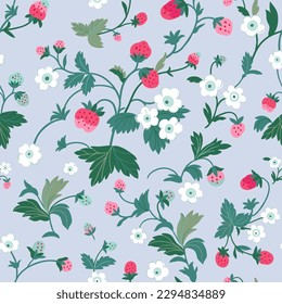 Strawberry background with flowers, wild berries, leaves. Vector seamless texture illustration for summer cover, botanical wallpaper pattern, gray background.