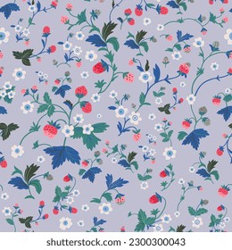 Strawberry background with flowers, wild berries, leaves. Vector seamless texture illustration for summer cover, botanical wallpaper pattern, gray background.