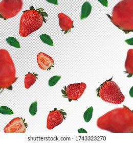 Strawberry background. Flying strawberry with green leaf on transparent background. 3D realistic fruits. Falling strawberry are whole and cut in half. Vector illustration. 