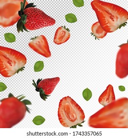 Strawberry background. Flying strawberry with green leaf on transparent background. 3D realistic fruits. Falling strawberry are whole and cut in half. Vector illustration. Vector illustration