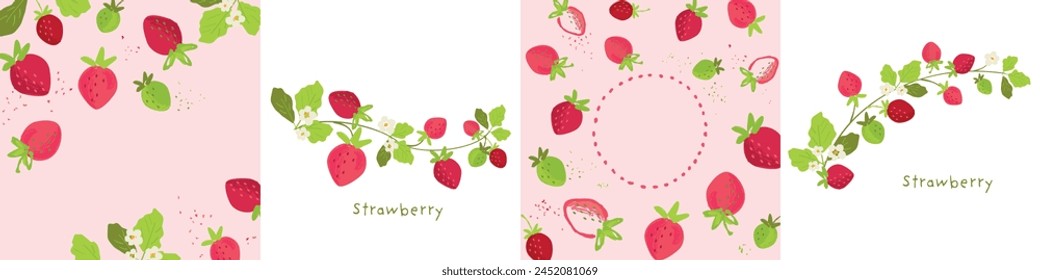 Strawberry background frame set, Vector hand drawn illustration.