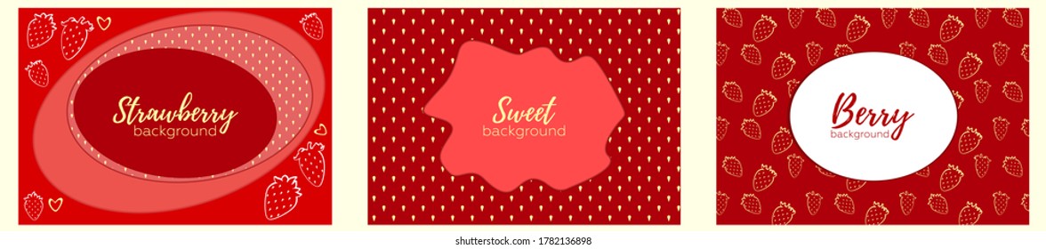 Strawberry background, pattern, vector. Copy space for text. Concept for label, postcard, notebook, design. Fashion print. Design elements for textiles or clothes. Hand drawn doodle cute wallpaper.