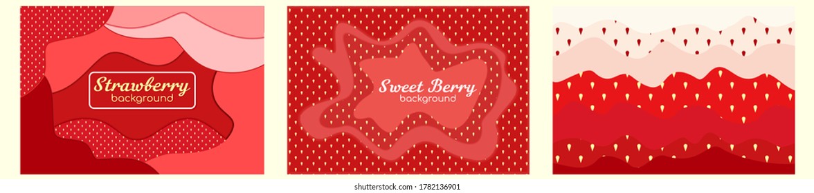 Strawberry background, pattern, vector. Copy space for text. Concept for label, postcard, notebook, design. Fashion print. Design elements for textiles or clothes. Hand drawn doodle cute wallpaper.