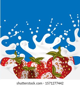 Strawberry background. Red splashes of milk in beautiful style on blue background. Splashes of milk, great design for any purposes. Fresh fruit. Water drop illustration