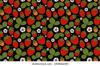 Strawberry background. Seamless pattern with colorful berries. Hand drawn vector stock illustration.
