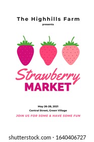 Strawberry background template with pink sweet juicy berry drawings. Great for farmers market, sales or festival. Cute cartoon flat design. Vector illustration.