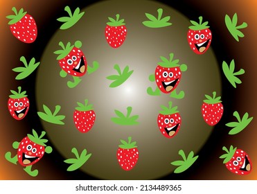 a strawberry background with three characters with gradient or mixed colors to make it look more beautiful