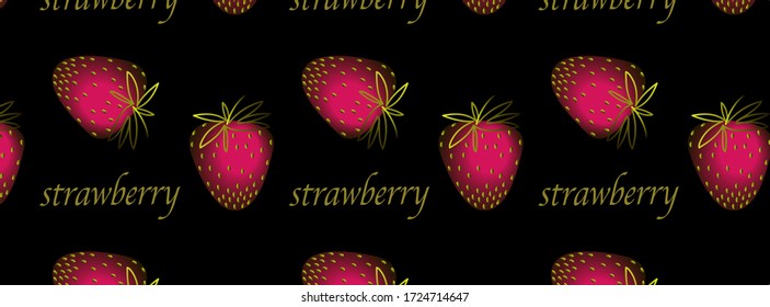 Fondos de fresa. Patrón con bayas sobre un fondo negro. Inscripción dorada STRAWBERRY. Cartel. Estilo de moda.