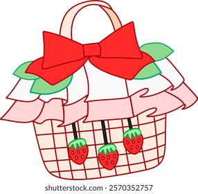 Strawberry Bag A charming basket-style handbag featuring red bows, layered frills resembling a strawberry theme, and hanging strawberry charms. Sweet and whimsical!

