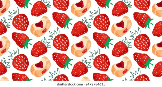 Strawberry Bakery doughnut Seamless pattern. Cartoon flat vector illustration. Repeated vector For wallpaper, wrapping, textile, scrapbooking. Seamless pattern cartoon dessert, Sweet Donut with Berry