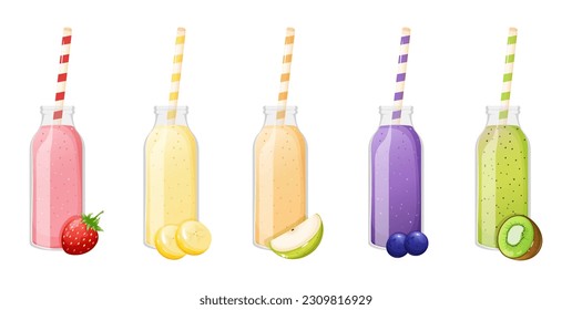 Erdbeere, Banane, Apfel, Heidelbeere, Kiwi-Smoothie in einer Glasflasche mit Stroh.