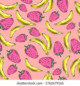 Strawberry and banana colorfull hand drawn seamless pattern vector illustration