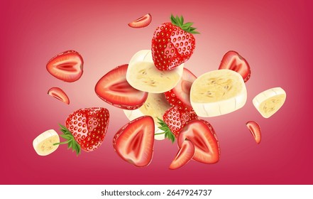 Strawberry and Banana fruits flying with strawberries of pieces element in the middle on white background. Realistic vector in 3D illustration.