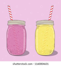 Strawberry and banana milkshakes in mason jar on pink background. Vector hand drawn illustration.