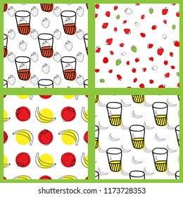 Strawberry and banana seamless pattern set in hand drawn style. For textile, receipt books, kitchen. Vector illustration.