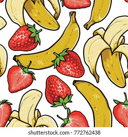 Strawberry Banana Seamless Pattern Vector Drawing
