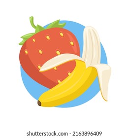 Strawberry and Banana Sign Emoji Icon Illustration. Fruits Vector Symbol Emoticon Design Clip Art Sign Comic Style.
