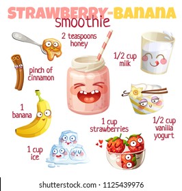 Strawberry Banana Smoothie Illustration With Cute Characters. Milkshake Ingredients Cartoon Vector Icons Isolated On White Background