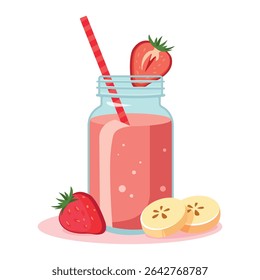 Strawberry and banana smoothie in mason jar with straw – colorful fruity summer drink vector illustration for kids party decor, seasonal textile prints, holiday designs, food packaging and cafe menu p