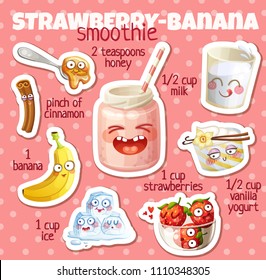 Strawberry Banana Smoothie Recipe Illustration With Funny Characters. Milkshake Ingredients Cartoon Vector Icons