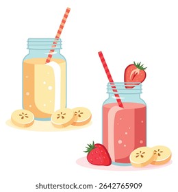 Strawberry and banana smoothies in mason jars with straws – colorful fruity summer drink vector illustration for kids party, seasonal design, holiday decor, textile prints, and food-related creative p