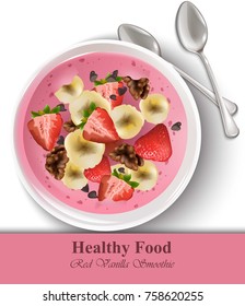 Strawberry banana vanilla smoothie Vector realistic. Healthy food templates