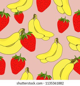 Strawberry and bananas seamless pattern. Organic food. Summer pattern.