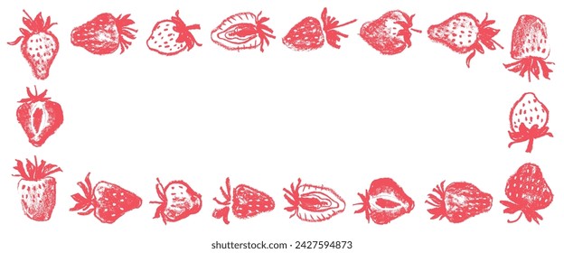 Strawberry banner with berries drawings for juice label, cosmetics packaging design, vegetarian banner poster. Hand drawn vector strawberries border illustration. Red berries framework.