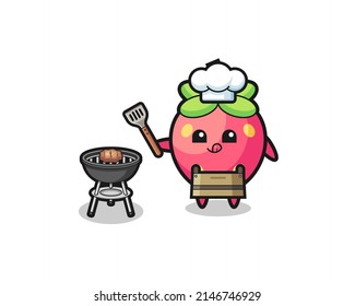 strawberry barbeque chef with a grill , cute design
