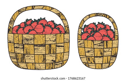 Strawberry basket, vector illustrations with grungy wood texture in a retro style