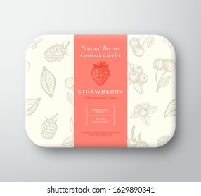 Strawberry Bath Cosmetics Package Box. Abstract Vector Wrapped Paper Container with Label Cover. Packaging Design. Modern Typography and Hand Drawn Berries Background Pattern Layout. Isolated.