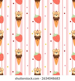 Urso de morango, padrão de tecido, fundo rosa e branco, papel de embrulho para presente, padrão sem costura 