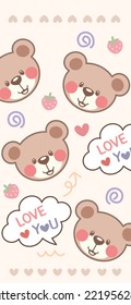 Strawberry Bear Love you Pattern, Pink seamless strawberry, Strawberry cream color Background, Strawberry Wallpaper Love Cards Vector Stock Vector Illustration.