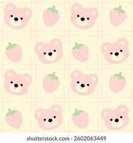 Strawberry , Bear on yellow background , Fabric pattern , Wrapping paper , Seamless pattern