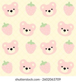 Strawberry , Bear on yellow background , Fabric pattern , Wrapping paper , Seamless pattern