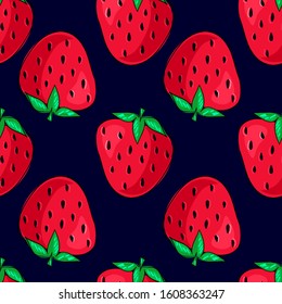 Strawberry beautiful illustration a blue background pattern. Berry print for textiles. Strawberry seamless background design. Vector stock illustration.
