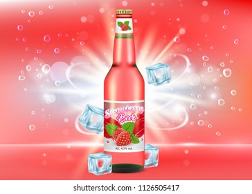 Strawberry beer poster, banner design template. Vector realistic illustration of fruit beer glass bottle packaging mockup, ice cubes, bubbles.