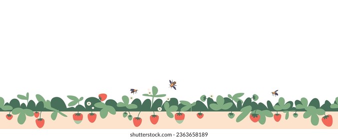 Strawberry And Bees Border. Decorative Design Element Arranged In A Horizontal Pattern. Isolated Frame with Ripe Berries